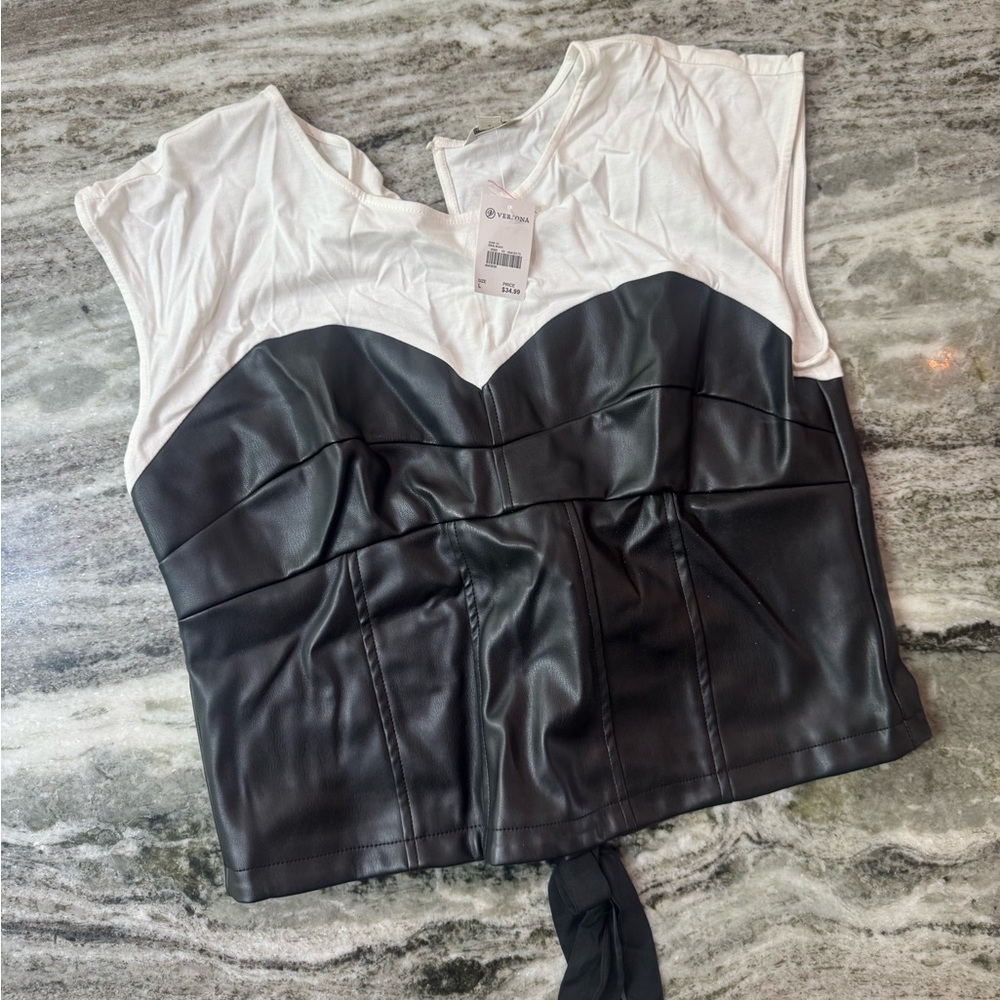 NWT Versona Two-Tone Faux Leather Top w/ Criss Cross Back Design